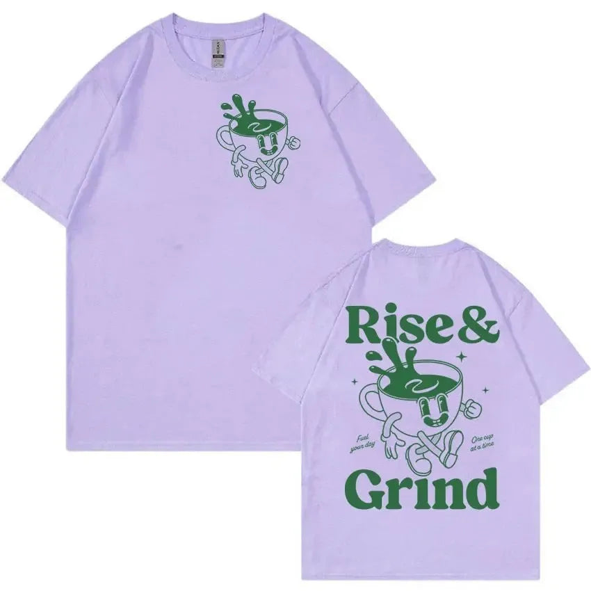 Loose fit linen t-shirt featuring a cartoon print of 'Rise And Grind' text with a green coffee expression bag.