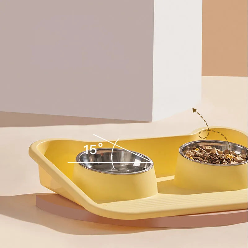 Stainless steel tilted double bowl pet food utensils in Gray, Green, and Yellow colours