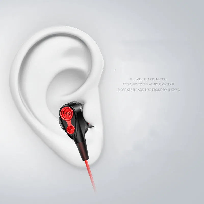 Red quad core dual dynamic metal subwoofer in-ear headphones with 3.5mm plug, microphone and 1.2m cable