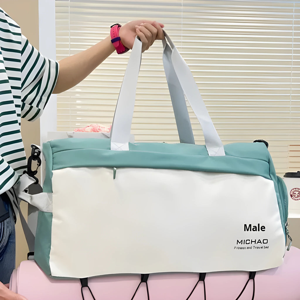 Fixed travel exercise fitness yoga bag in green Oxford cloth with contrast stitching and fixed mat strap