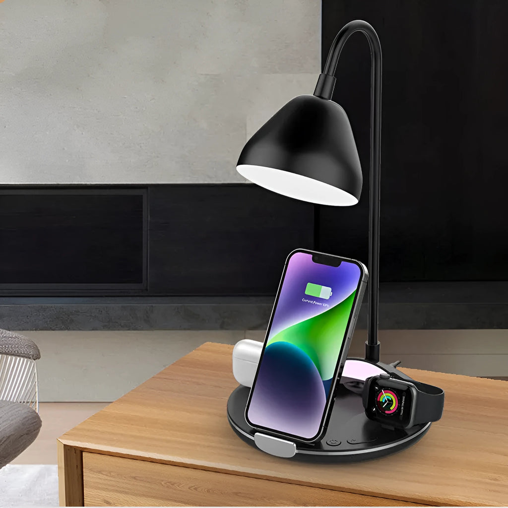 Black magnetic folding wireless charger stand showing adjustable angles for device viewing while charging