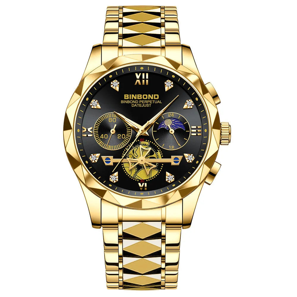 Men's casual quartz watch with round stainless steel case and strap, white dial, black bezel, 11mm thick
