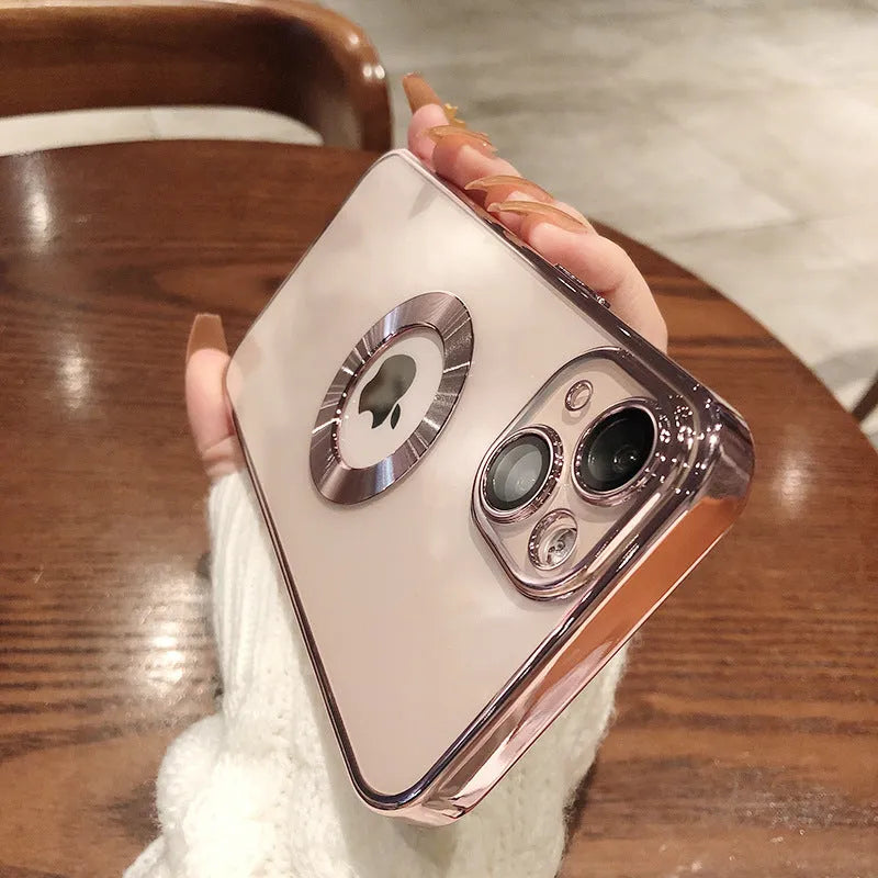 Transparent electroplated silicone iPhone case showing integrated camera lens protector and precise button cutouts