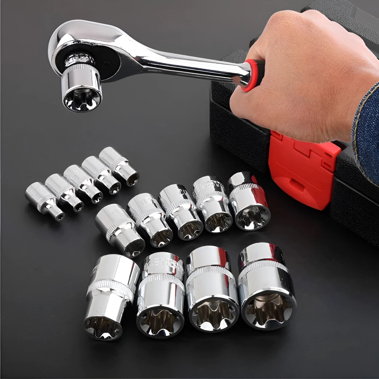 Red toolbox open showing 14 chrome vanadium steel E-type sockets for auto and mechanical repair