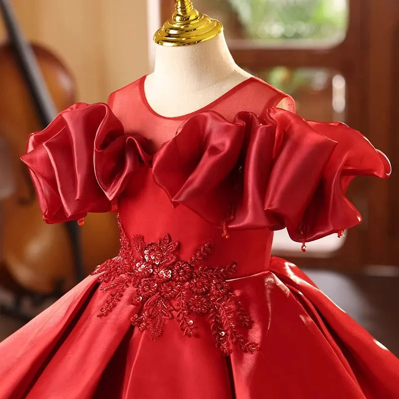 Red princess dress with polyester lining for girls sizes 80cm to 150cm