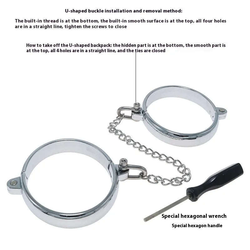 Silver zinc alloy handcuffs and footcuffs set with stainless steel bracelet for adult novelty use