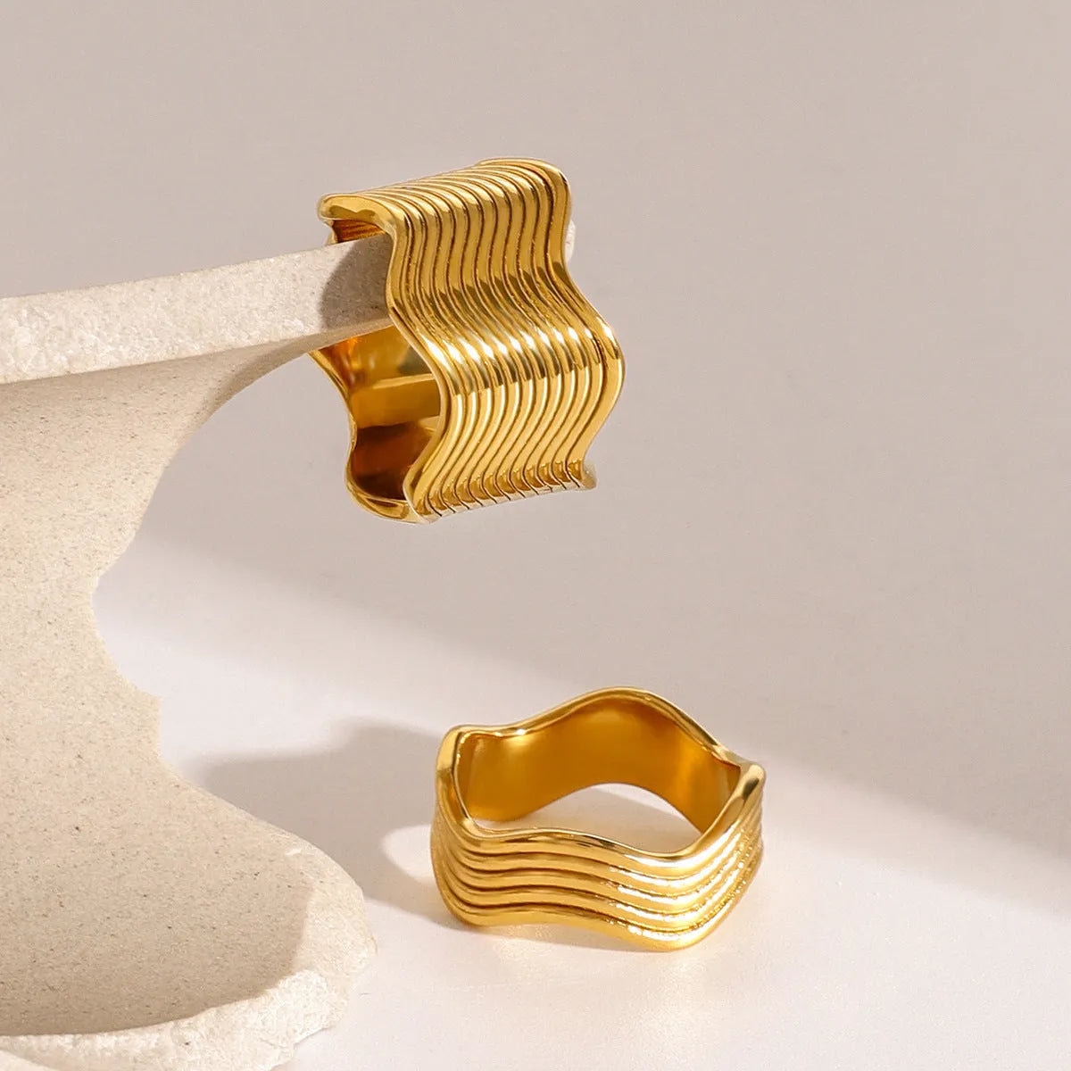 Stainless steel geometric wave ring with wide surface and Korean-style design