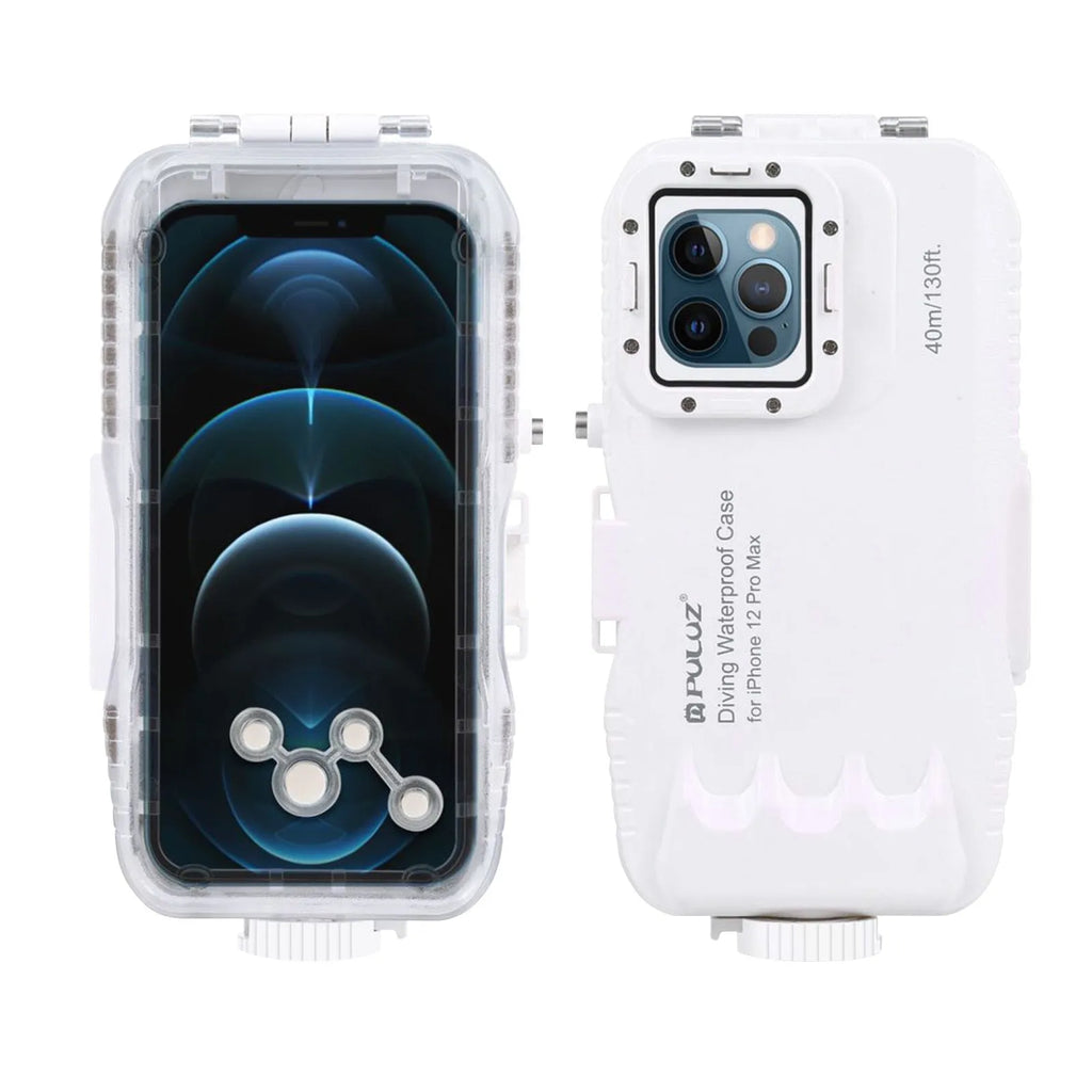 White waterproof diving phone case for iPhone 12 and 13 series, 40 metre depth rating
