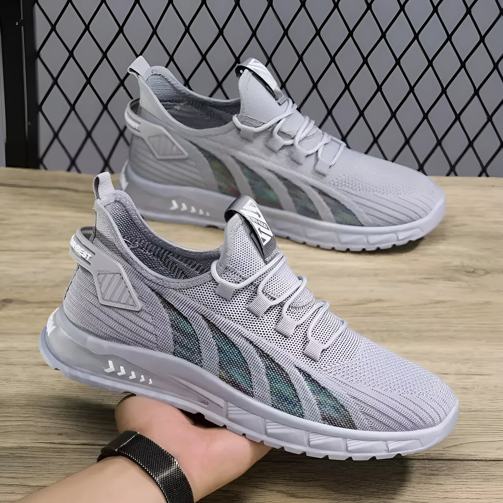 Low-top striped sneaker with mesh upper and flat plastic sole in grey colour