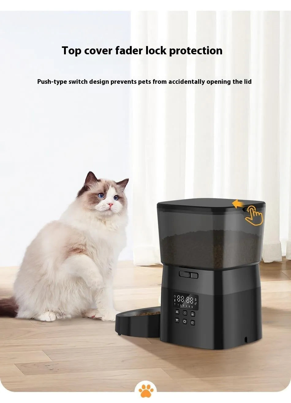 Black WIFI automatic pet feeder with stainless steel bowl and 2L hopper on countertop