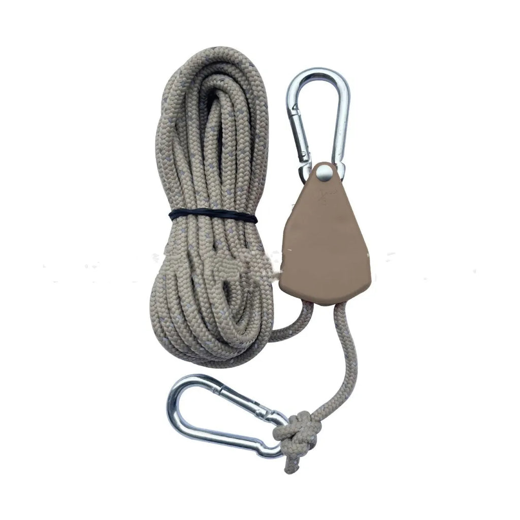 Outdoor tent rope pulley adjuster with metal adjuster and nylon guy rope in army green colour