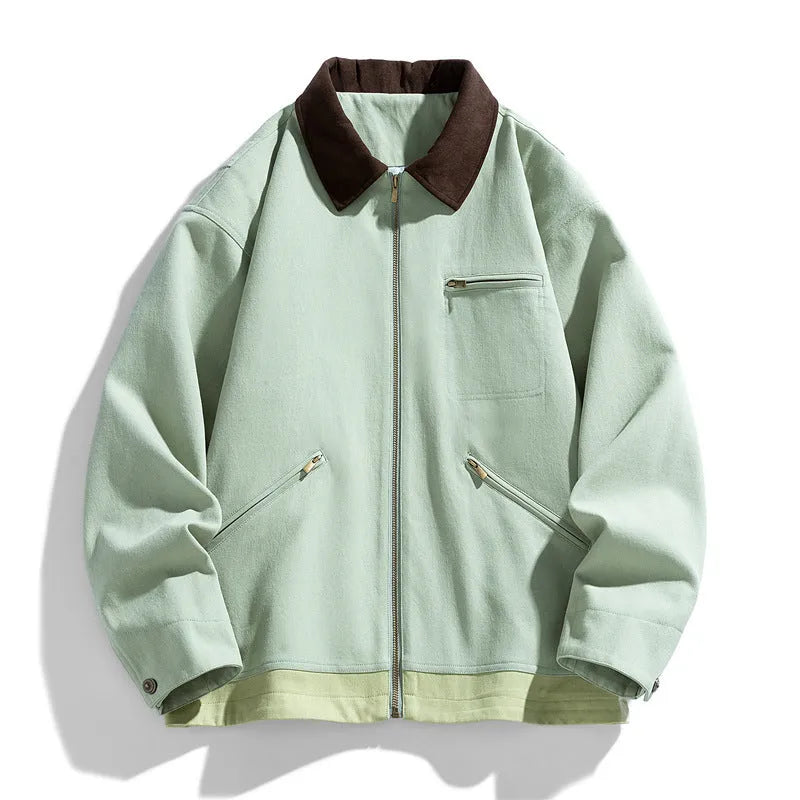 Korean style retro lapel autumn jacket in mint green with contrasting collar and side seam pockets