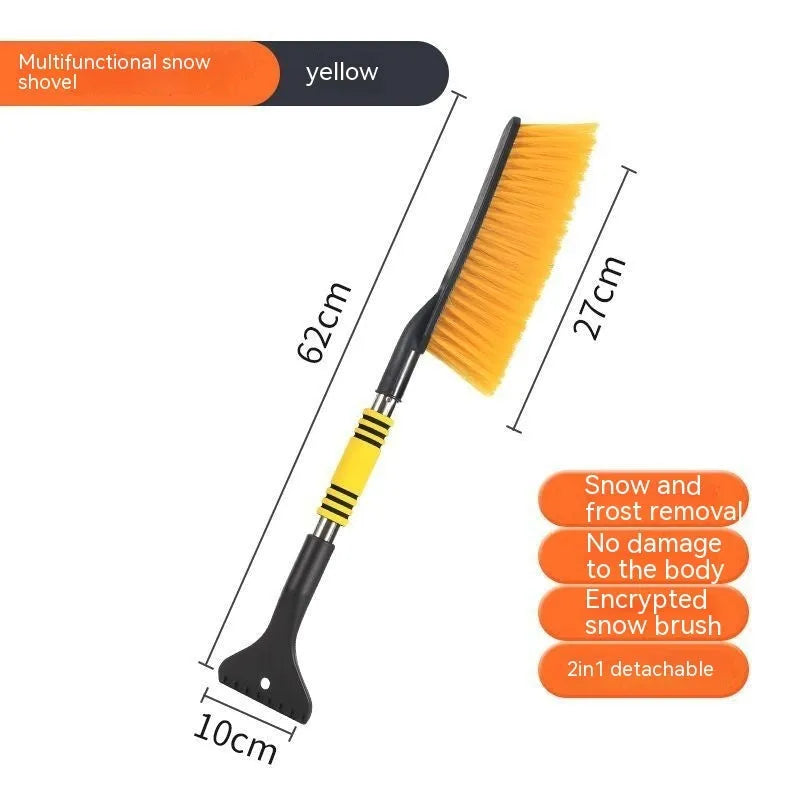 Blue and yellow car snow scraping brush with telescopic long handle for winter vehicle clearing