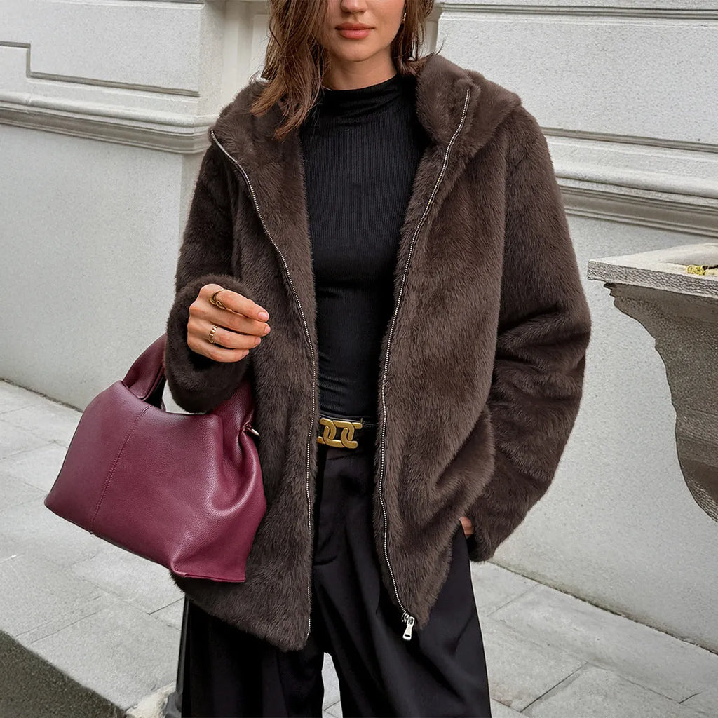 Women's brown polyester fur collar coat with long sleeves, front view