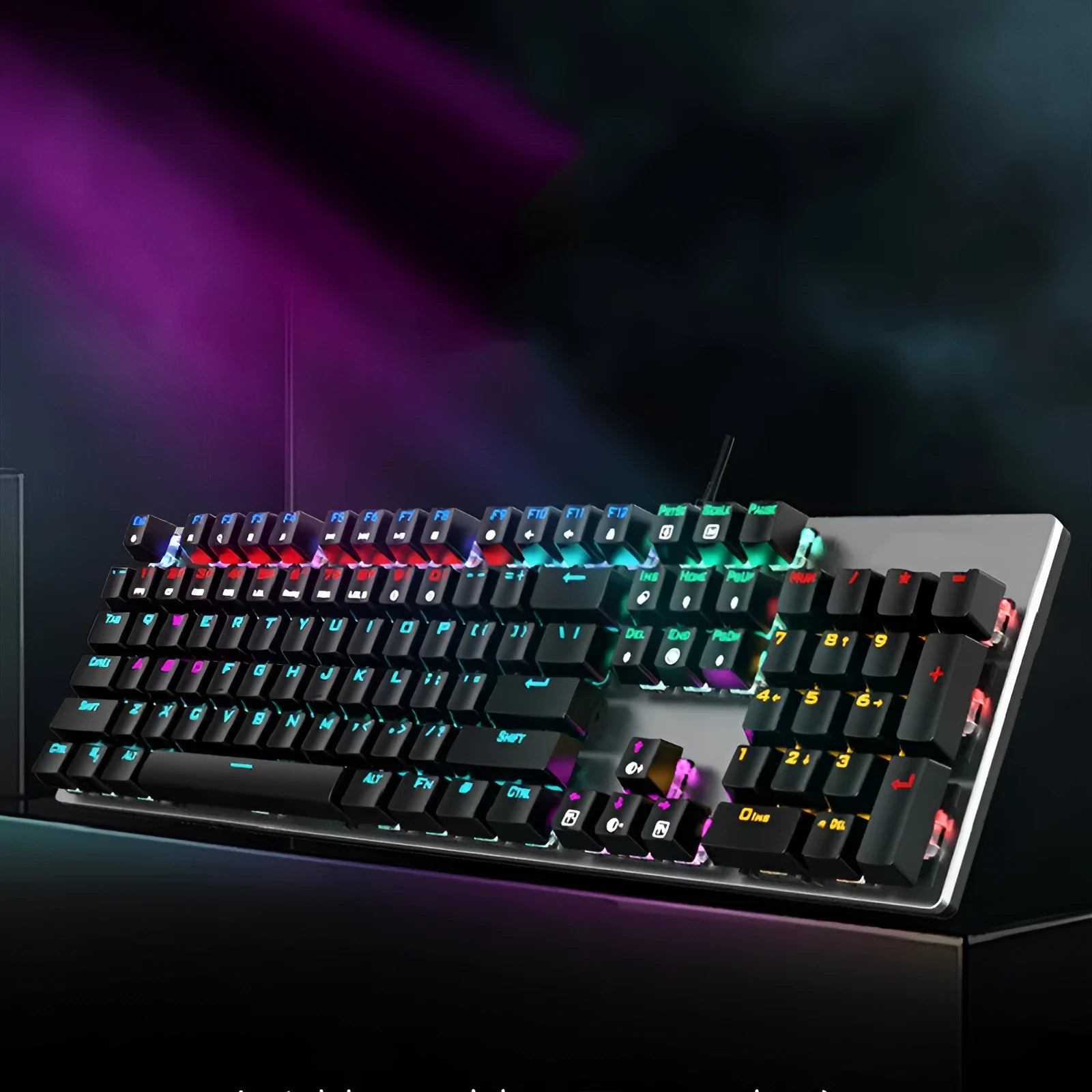 AOC GK410 wired mechanical keyboard with metal frame and green switch keys on a desktop.