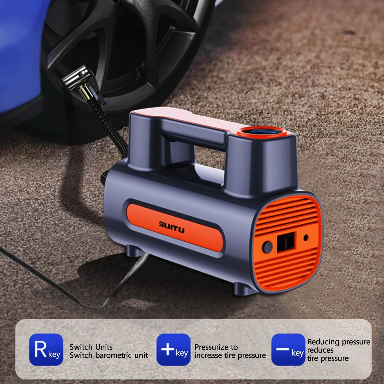 Black portable car tyre inflator with digital LCD screen and USB charging cable on a grey background