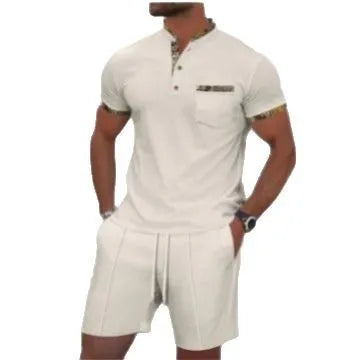 Men's grey waffle texture zipper polo collar short sleeve top and shorts casual suit set.