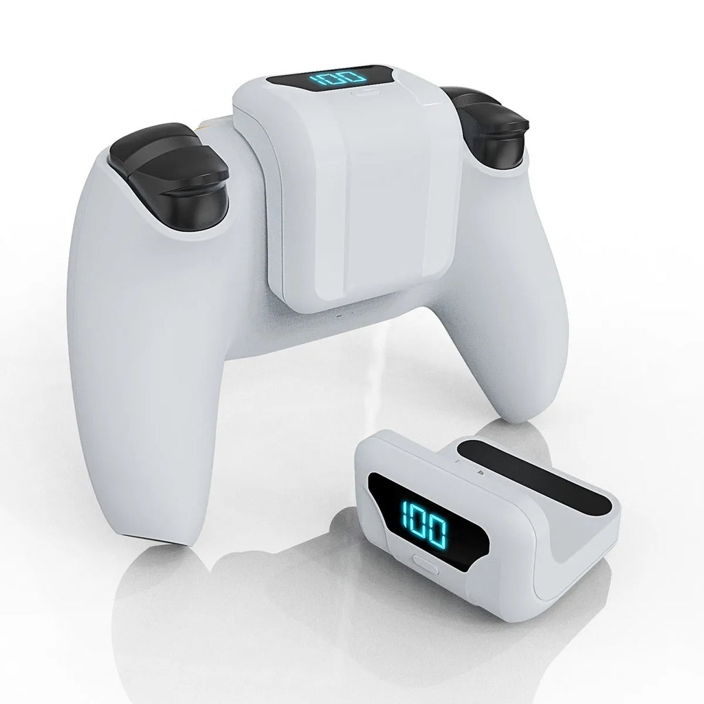 White PS5 controller back battery pack with LED display and outer hanging bag