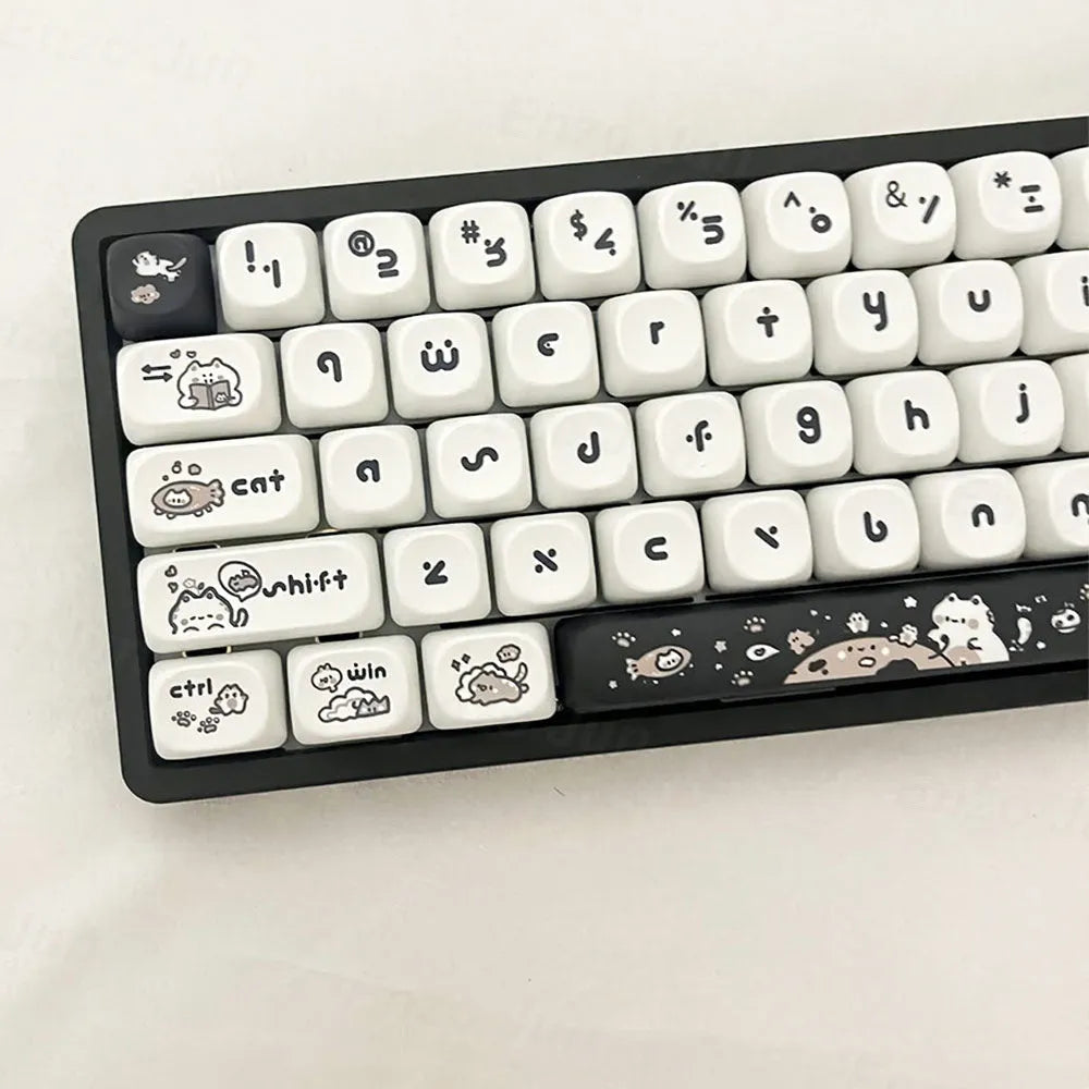 MOA height flat profile key cap set in ABS with black and white cat design for mechanical keyboards