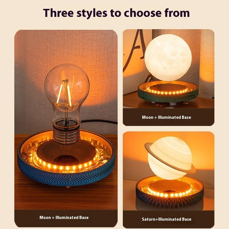 A small, 3D-printed moon night light hanging in mid-air via magnetic suspension.