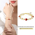 Sterling silver double-layer bracelet with white freshwater pearls and red cinnabar bean beads