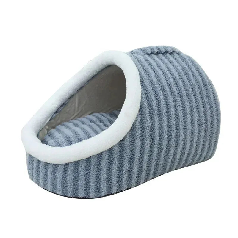Striped thickened 3D dog bed with enclosed hole design and removable sponge mattress in blue, green, pink, or yellow.
