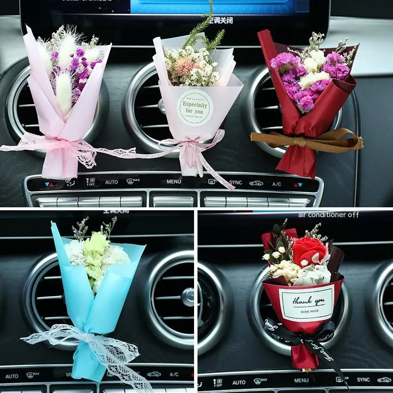 Car air conditioning vent clip with dried flower ornament and perfume bottle in various colour options