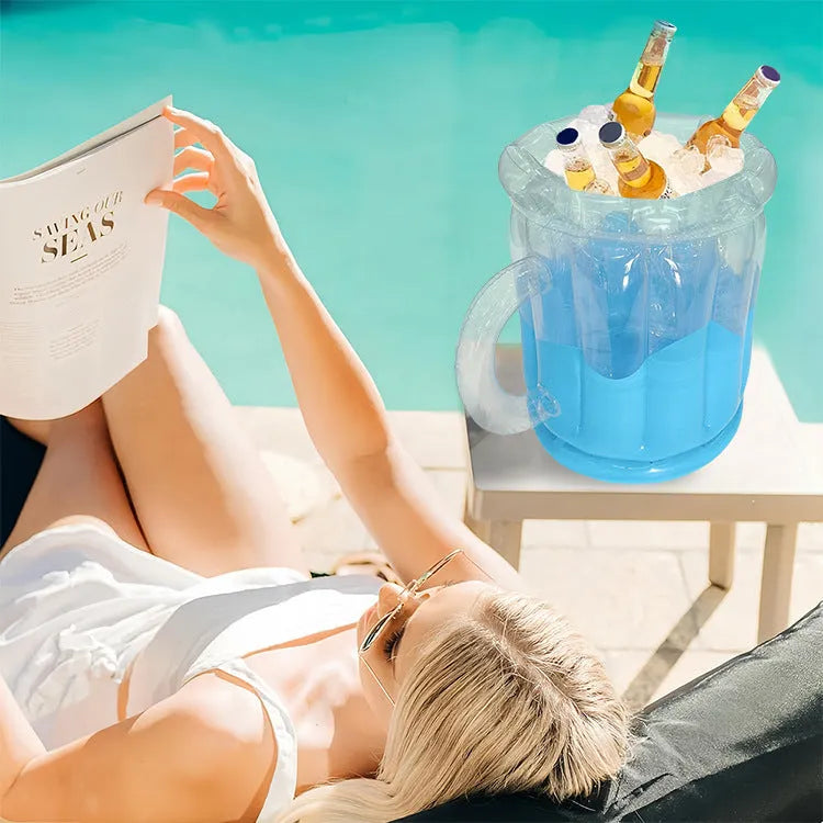Bright yellow inflatable PVC ice bucket for outdoor beverage chilling