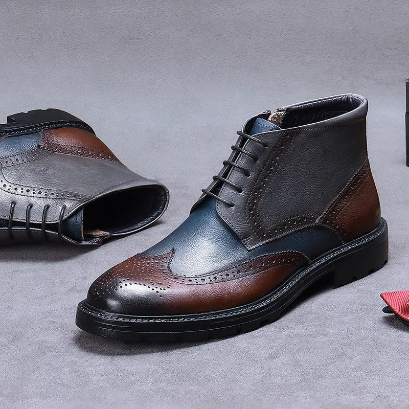 Men's coffee blue brogue boots with carved leather detailing and front lacing