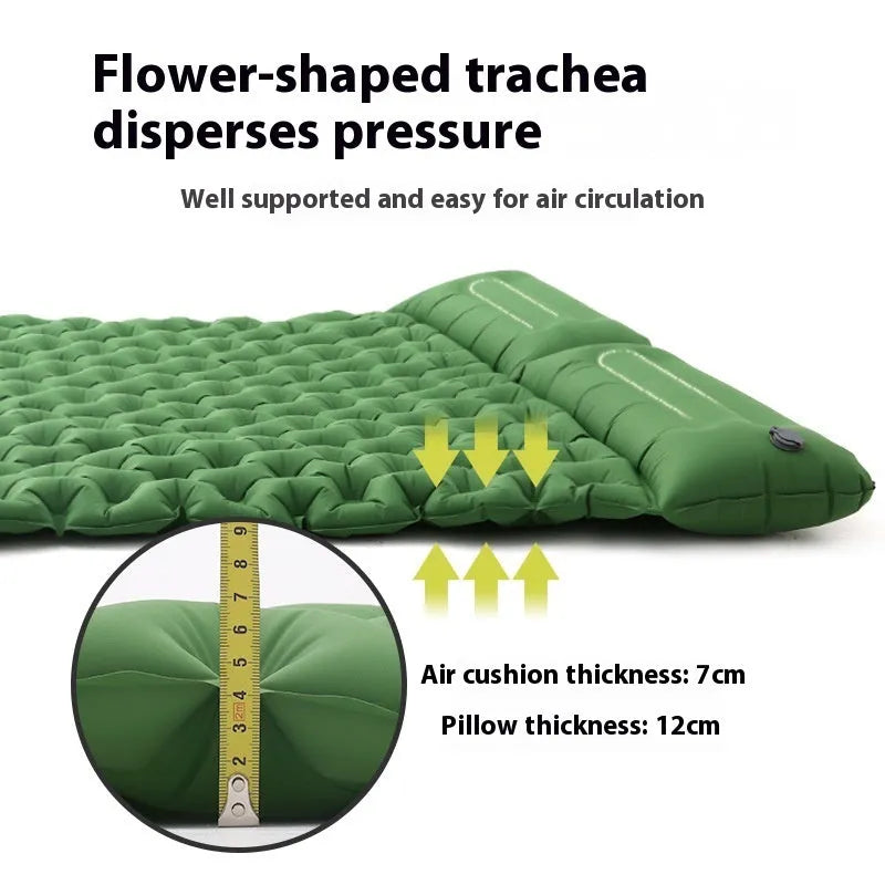 Double camping air mattress inflated, showing widened design and colour options including army green and dark blue.