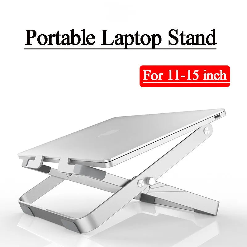 Silver grey folding aluminium alloy laptop stand with silicone pad, adjustable lifting and heat dissipation, for 11-18 inch devices