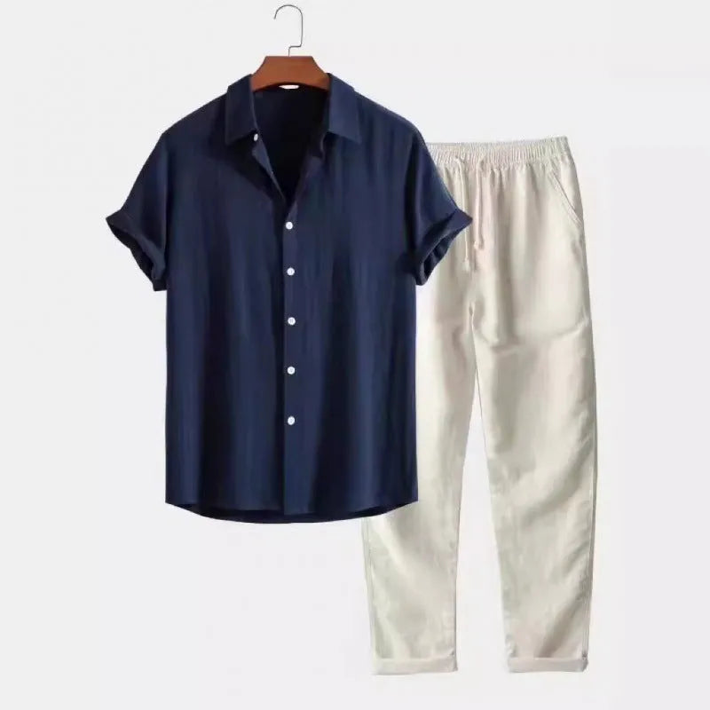 Men's loose fit short sleeve shirt and trousers suit in linen-look fabric.