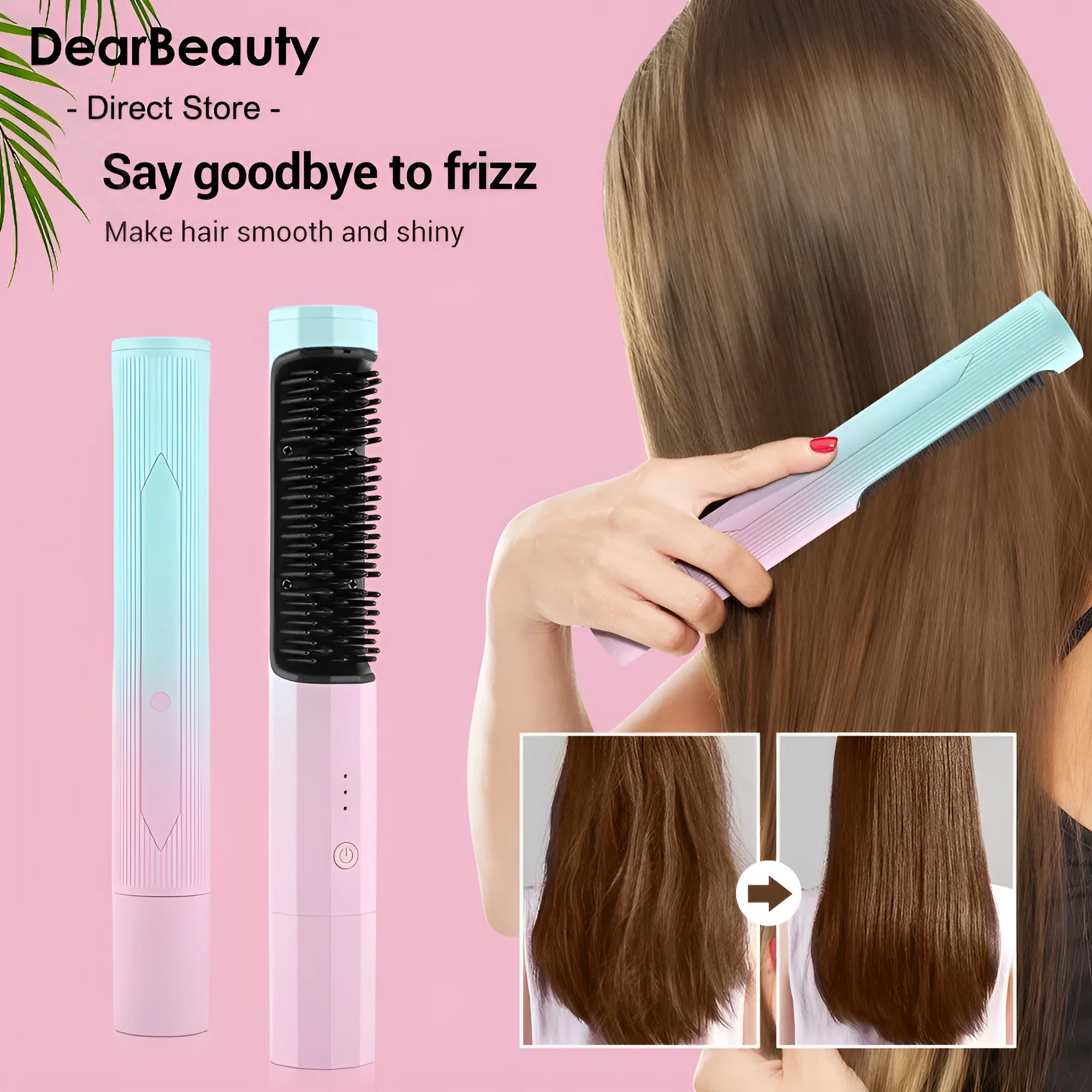 Pink cordless rechargeable straightening comb for hair with USB charging cable