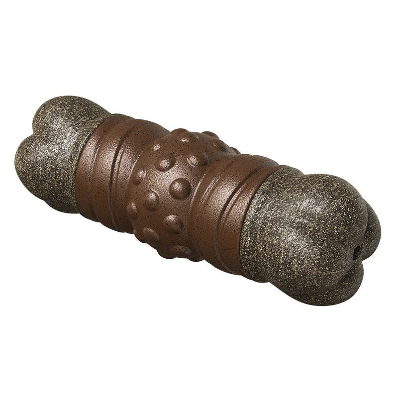 Wood colour plastic dog toothbrush chew toy with bone and molar rod design.