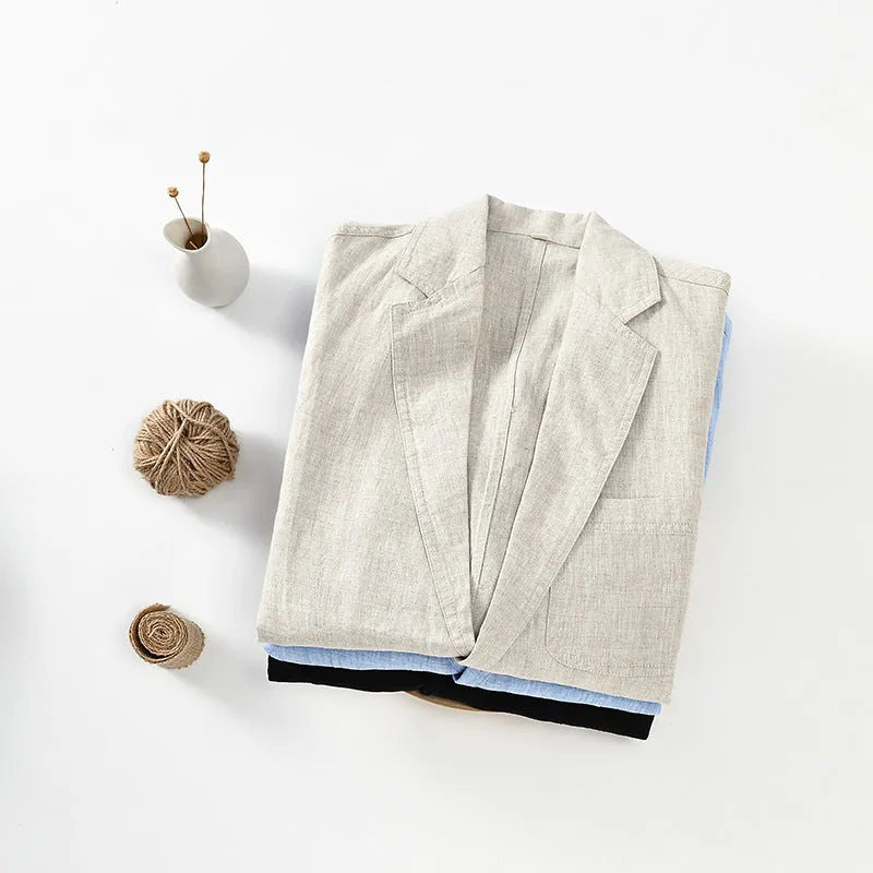 Men's lightweight linen thin coat with size stick pockets in solid colour