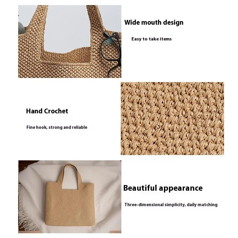 Woven straw bucket tote bag in a neutral colour with double straps and an open outer pocket.