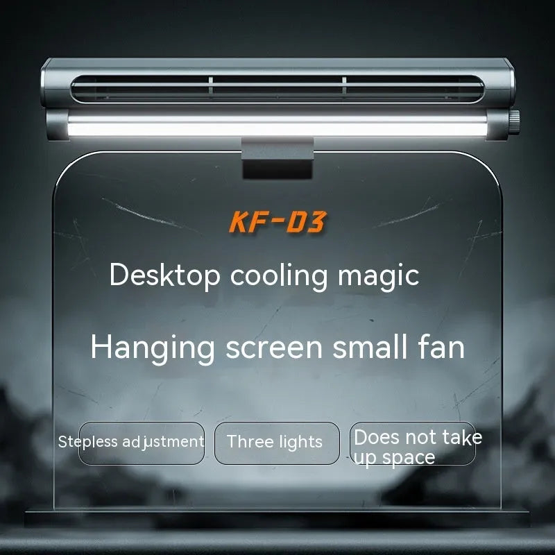 Black USB-powered bladeless desk fan with a screen clamp and integrated LED light, shown attached to a laptop.