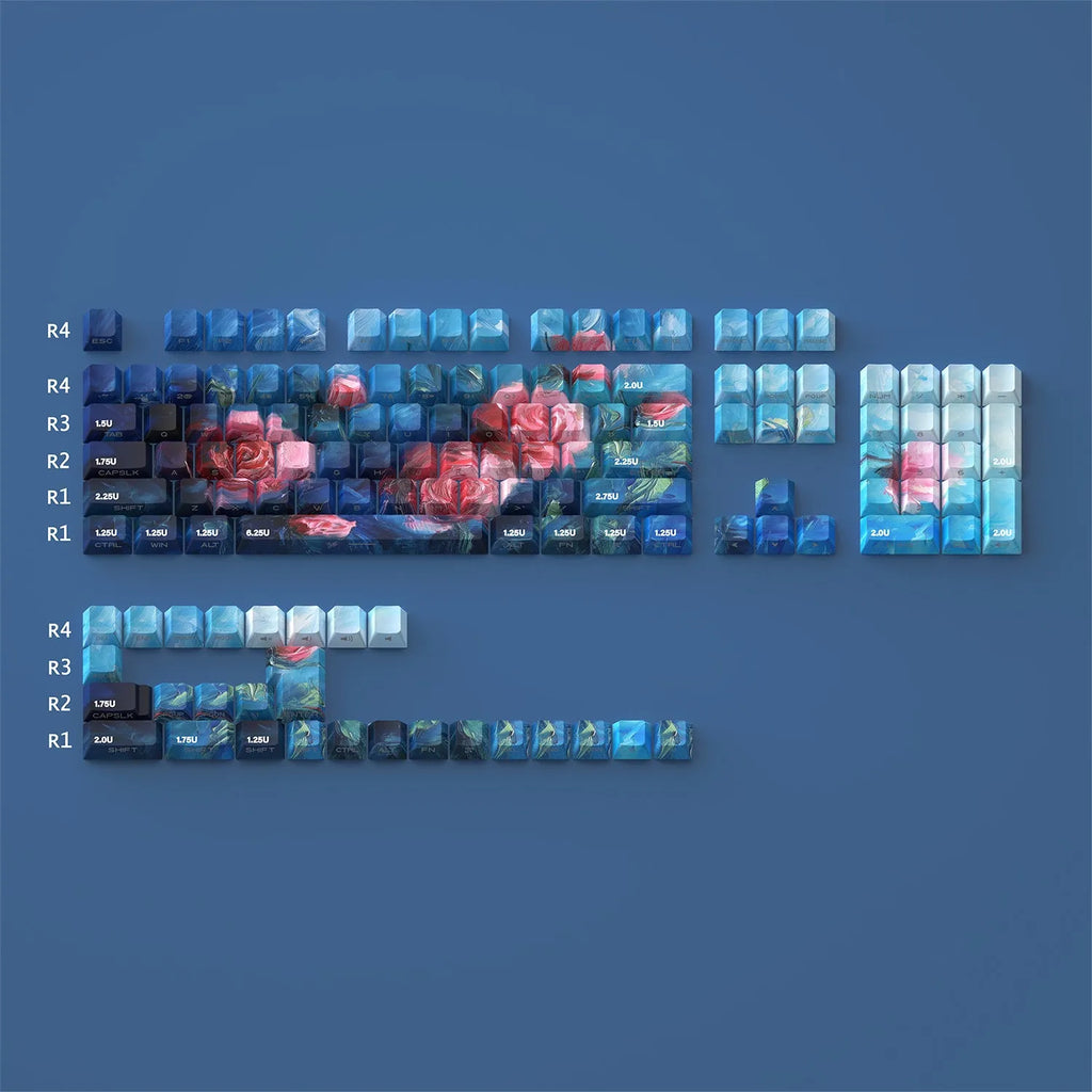 130-piece PBT keycap set with rose side-carved transparent legends for mechanical keyboards