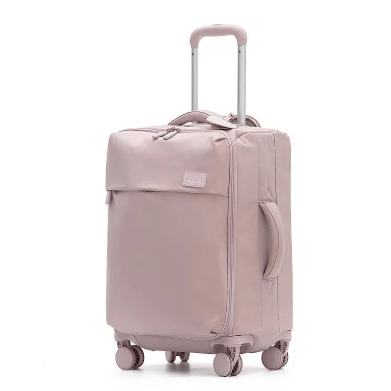 Tea brown coloured ultra-light waterproof Oxford cloth wheeled luggage suitcase in a 20-inch size.