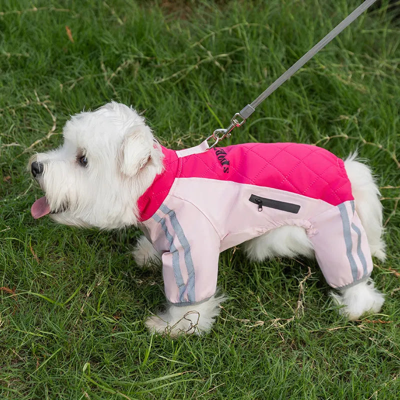 Red dog down jacket with fleece lining for small breeds, four-legged cotton design, side view on white background