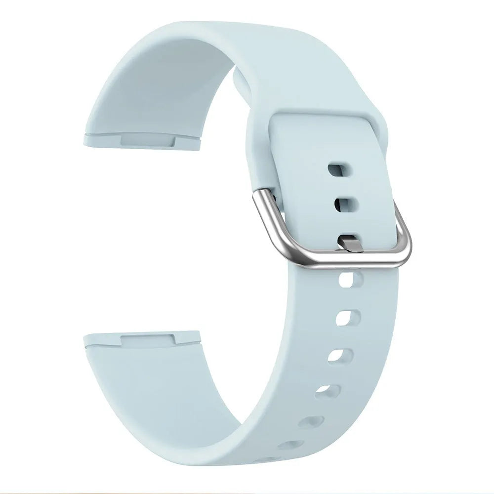 Silicone replacement strap with silver buckle for Fitbit Versa 3 and Sense 2 in multiple colour options.