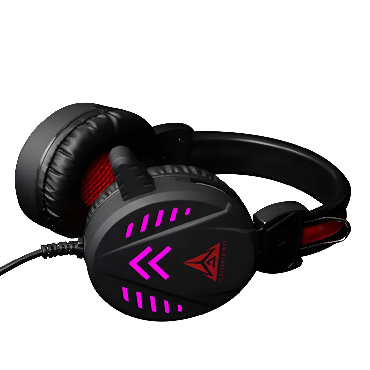 Black luminous wired gaming headset with microphone and over-ear cups for PC.