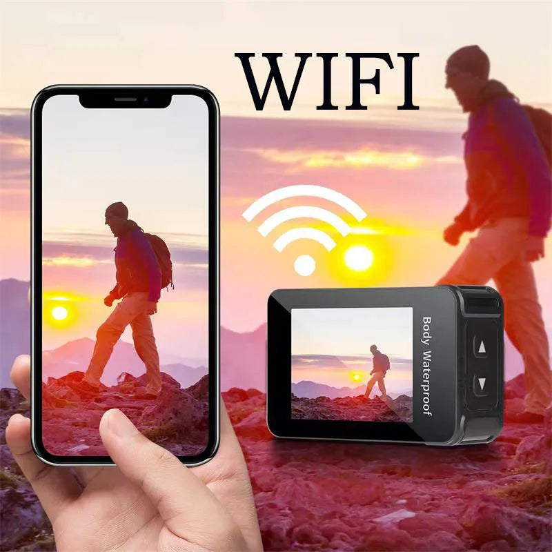 Black sports action camera with touch screen and wide-angle lens, dimensions 66x44x31mm