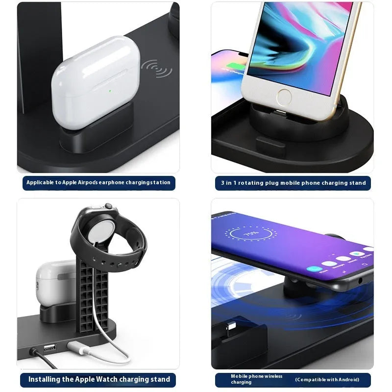 Aluminium charging stand holding a smartphone, smartwatch, and wireless earbuds.
