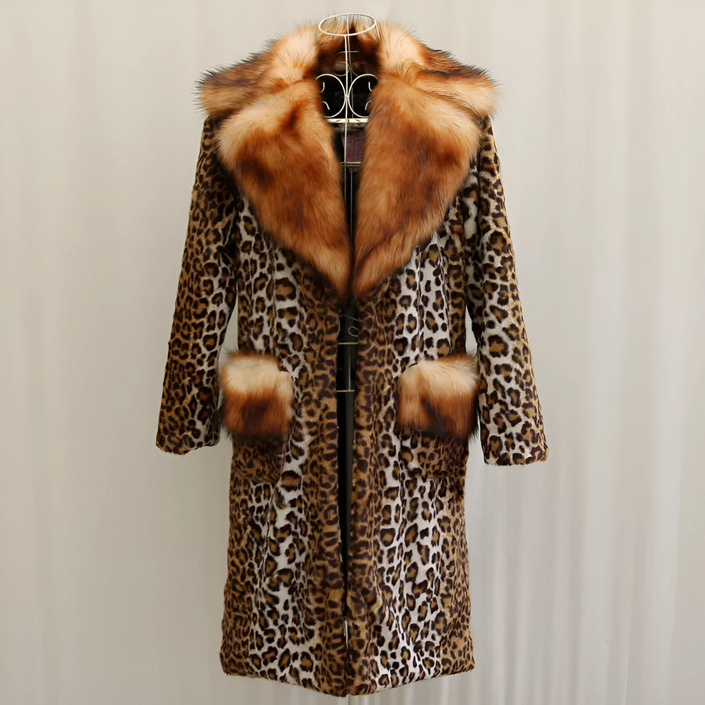 Women's leopard print artificial fur casual jacket with regular sleeves