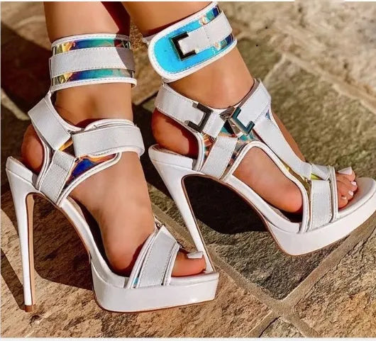 Super high heel sandals with 12cm stiletto heel, 2.5cm waterproof platform, fish mouth toe and buckle fastening
