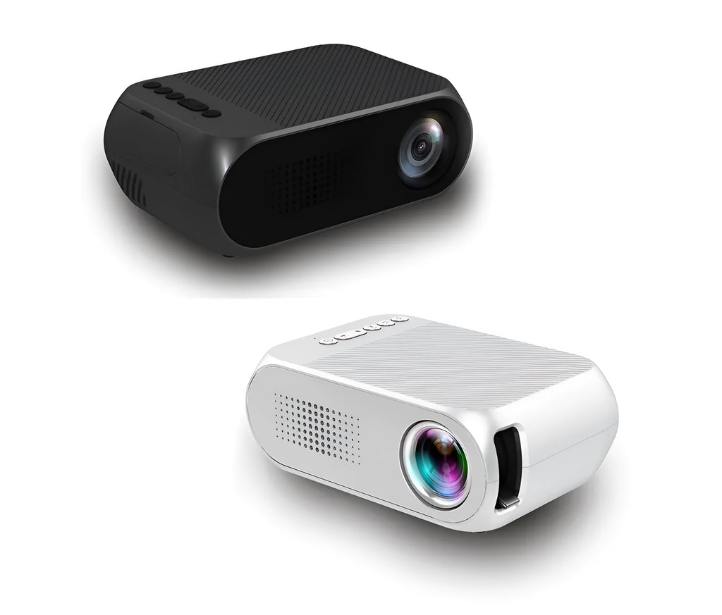 Mini HD 1080P projector with LED lens, 20-80 inch projection, black grey white, US EU style.