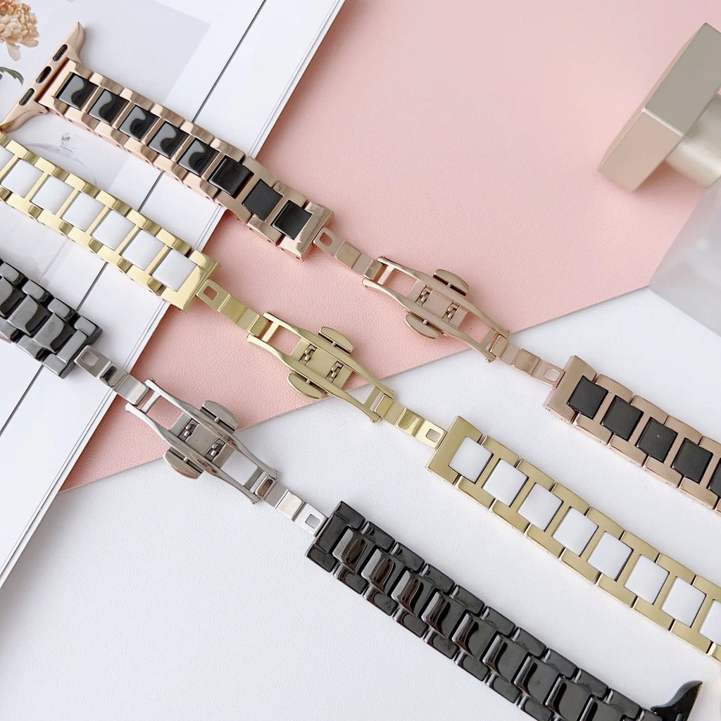 Stainless steel ceramic watch band for Apple Watch with three beads design, gold and black ceramic colour option