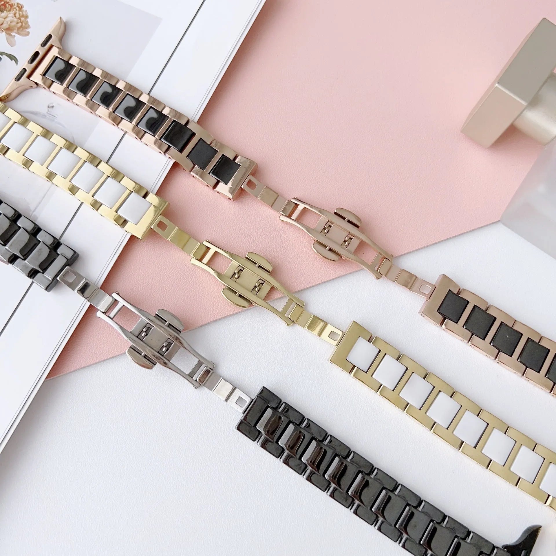 Stainless steel ceramic watch band for Apple Watch with three beads design, gold and black ceramic colour option