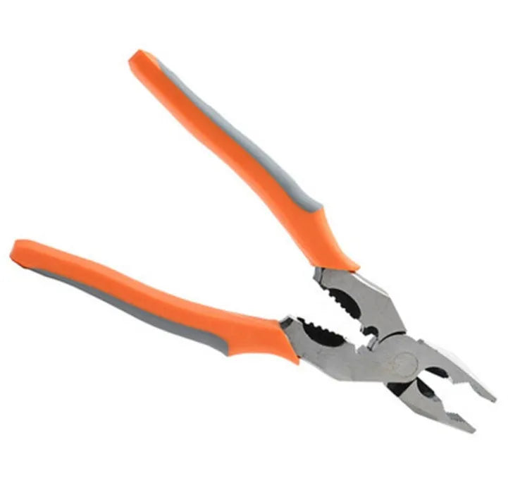 Orange-handled multi-function wire cutter pliers with chrome steel jaws for cutting and stripping electrical wire.
